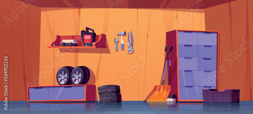 Garage interior design. Vector cartoon illustration of auto repair shop or storage room with car tires, tools, household equipment, oil can, shelves, boxes. Private building for vehicle with furniture