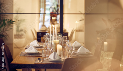 Canvas Print Restaurant, fine dining or table in dinner celebration, birthday or new years party at luxury social event