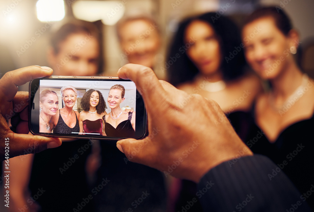 Phone photography, hands or friends in a party to celebrate goals or new year at fancy luxury event. Women, screen or happy people smile in pictures for social media at dinner gala or fun birthday