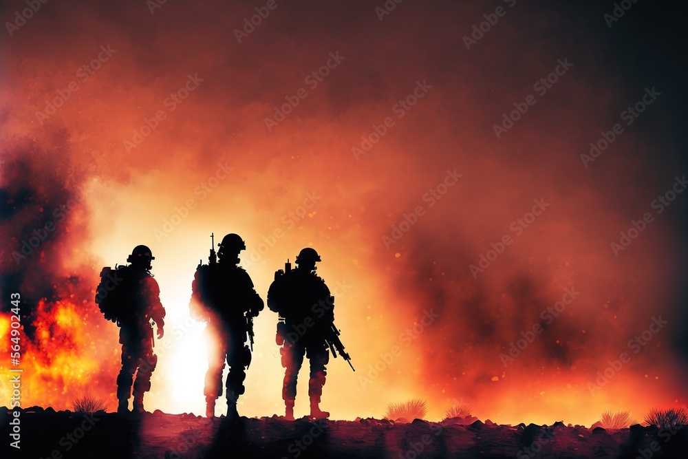 Fototapeta premium Silhouette of soldiers with military aircraft on sunset background. Military concept 