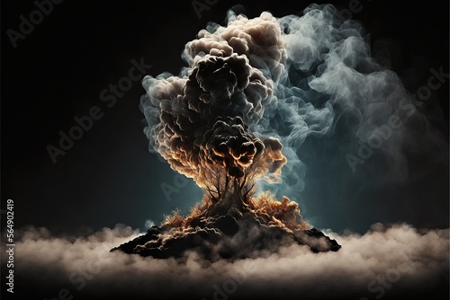  a large cloud of smoke rising from a volcano on a black background with a black sky in the background and a black sky in the background with a black background, smoke, smoke,.