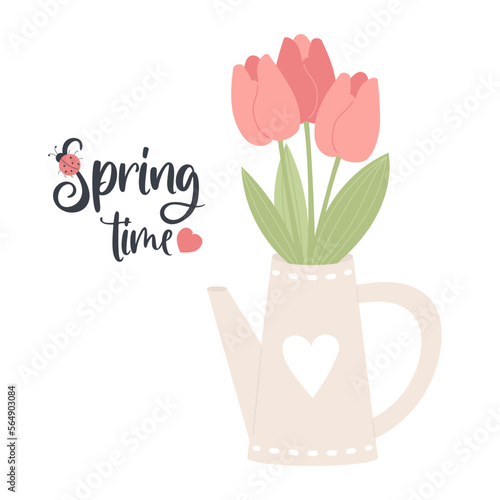 Flowers tulips in garden watering can. Spring time card with spring bouquet. Vector illustration in flat style.