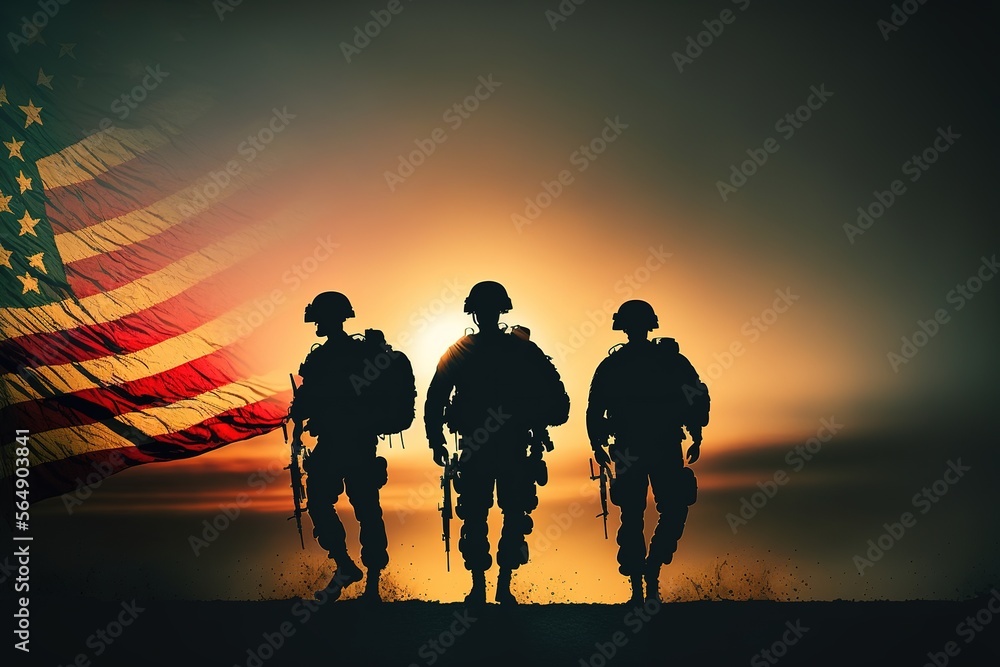 Silhouette of soldiers with an American flag on sunset background on dusty dessert war generative ai
