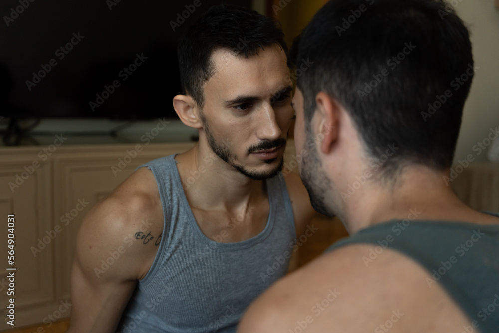 Emotional Connection Of A Real Gay Couple In Underwear In Love At Home Emotional Connection Of A Real Gay Couple In Underwear In Love At Home