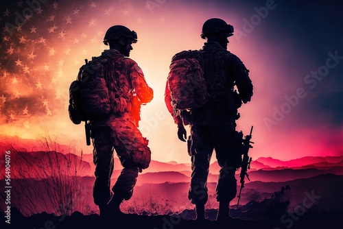 Silhouette of soldiers with an American flag on sunset background on dusty dessert war generative ai 
