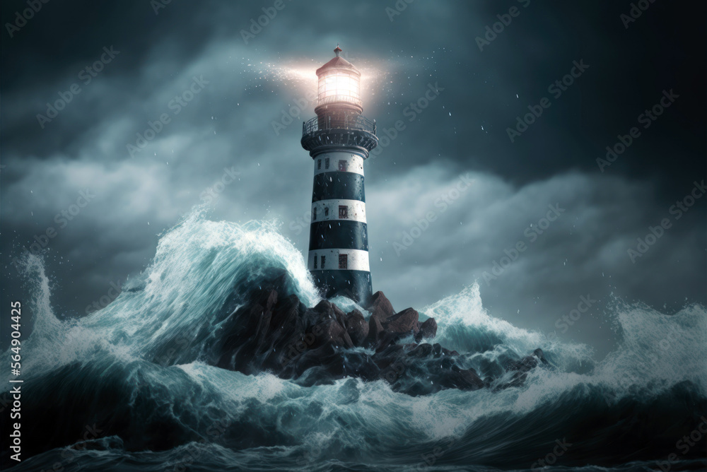 Lighthouse in the storm at night, ocean waves, dark cloudy sky, Generative AI