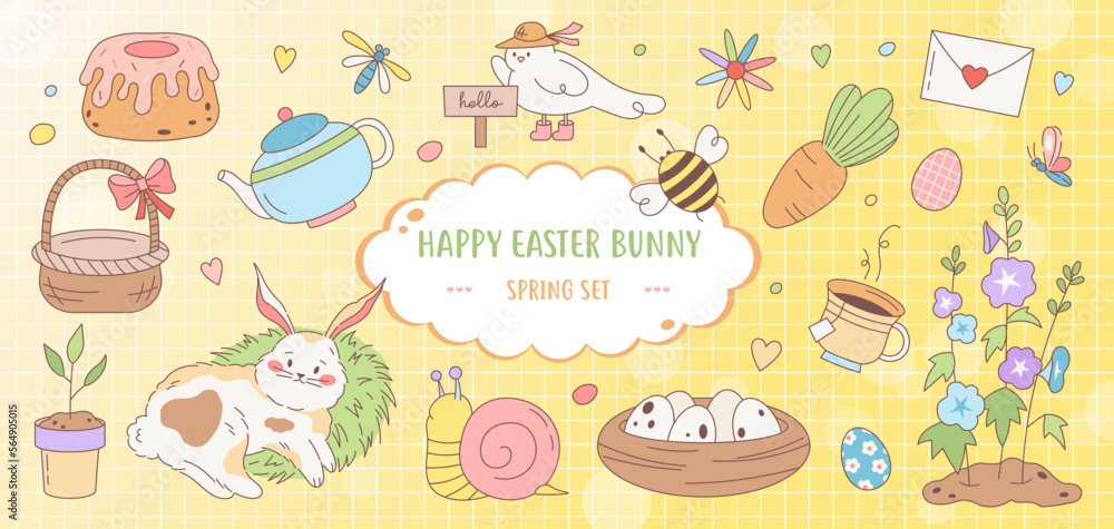 Collection of cute easter cute characters and spring cartoon decorative elements -  painted eggs, bunnies, bugs, flowers, carrots, chicken, butterfly, snail, seedlings. Vector isolated elements. 