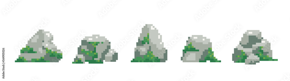 Fototapeta premium Old pixel art stones textures. Retro video game assets of forest stones and rocks with grass or moss.