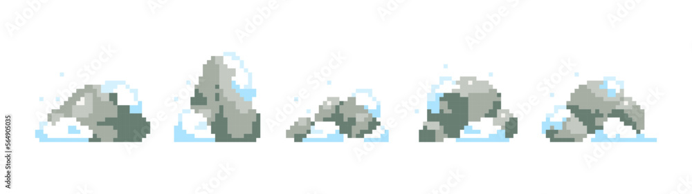90s style pixel rocks collection. Winter season 8 bit rocks or stones or boulders. 