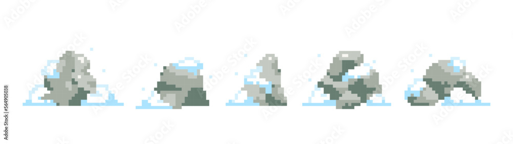 Snowy rocks set in pixel art style. 8 bit retro patterns on rocks with snow. Isolated elements for sticker, web banner, seasonal game decoration.