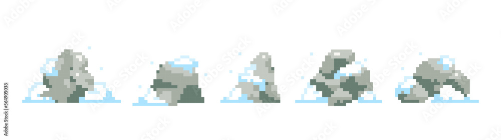 Obraz premium Snowy rocks set in pixel art style. 8 bit retro patterns on rocks with snow. Isolated elements for sticker, web banner, seasonal game decoration.