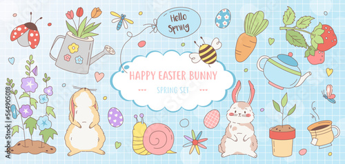 Happy easter cartoon elements. Decorative country farm and holiday objects, easter bunnies, eggs, flowers, berries, bugs and snails. Vector sticker set on the theme of garden, village life and easter. photo