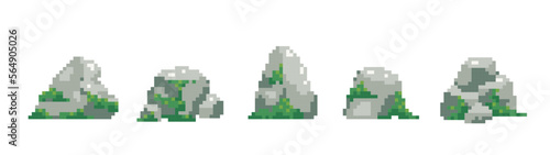 Old pixel art stones textures. Retro video game assets of  forest stones and rocks with grass or moss.