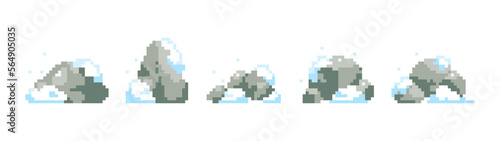 90s style pixel rocks collection. Winter season 8 bit rocks or stones or boulders. 