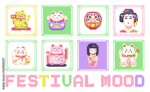 Pixel art flat icons set. Traditional japanese manikin neko cat, geisha girl, cute kokeshi and daruma dolls. 8 bit retro gamer style. festive spring game assets and stickers. Isolated vector.