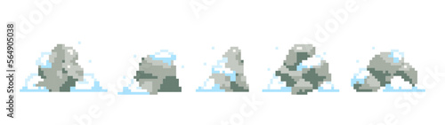 Snowy rocks set in pixel art style. 8 bit retro patterns on rocks with snow. Isolated elements for sticker  web banner  seasonal game decoration.