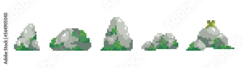 Pixel rocks with moss and frog. 8 bit video game elements. Vector collection. 