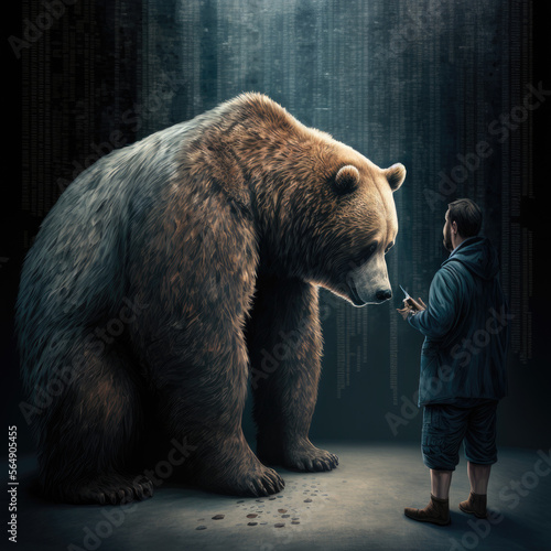 Trader with a bear in a digital world. 