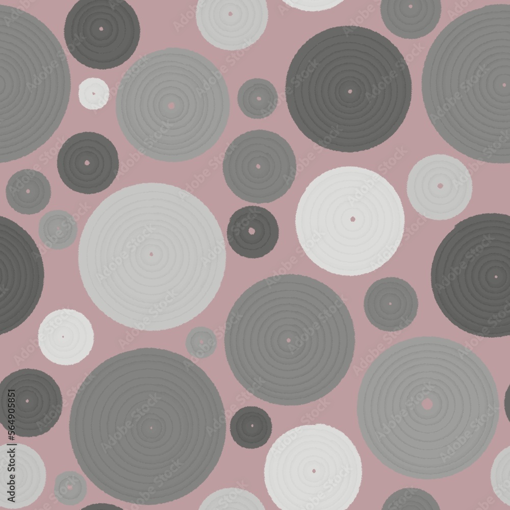 Fototapeta premium Seamless abstract geometric pattern. Simple background. Grey, white, pink, black. Illustration. Circles, dots. Digital texture for textile fabrics, wrapping paper, background, wallpaper, cover,