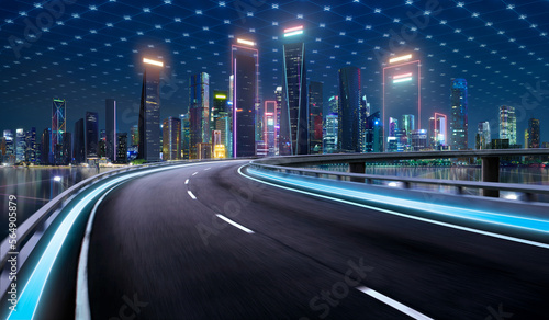 Fotografiet 3d rendering Highway overpass motion blur with modern city