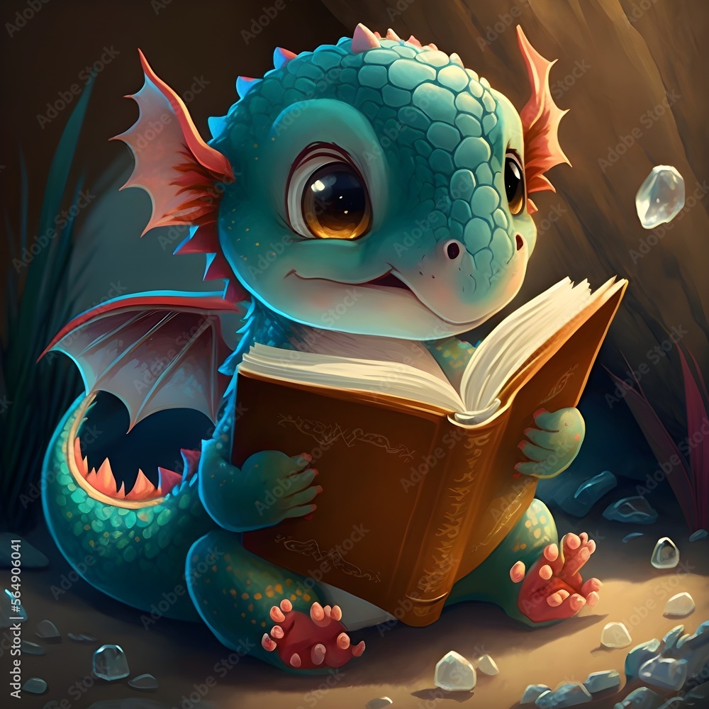 cute baby dragon reading a book Stock Illustration Adobe Stock