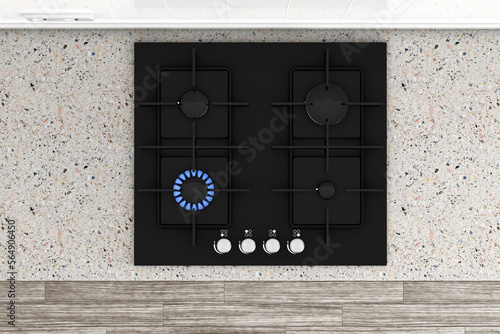 Obraz na płótnie Flame of Methane Gas with Black Modern Kitchen Gas Stove Top View