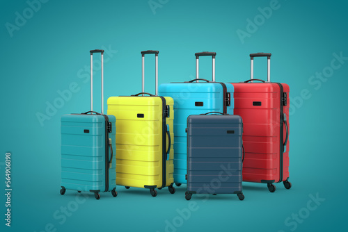 Travel Holiday Vacation Concept. Set of Modern Multicolor Luxury Plastic Gray Suitcases in Different Sizes. 3d Rendering