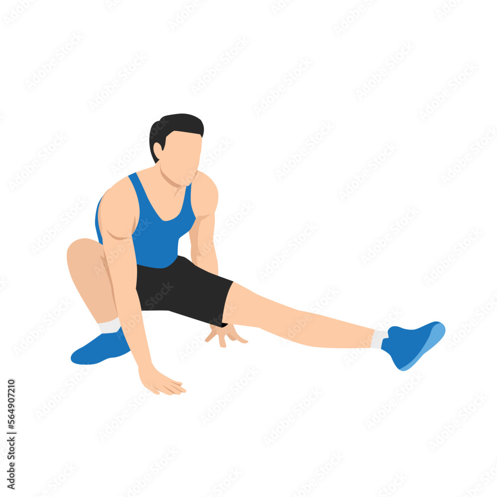Man doing Hamstring stretch hands on floor. Flat vector illustration isolated on white background