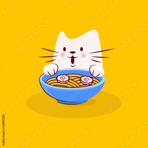Cute cat character enjoys tasty ramen with narutomaki