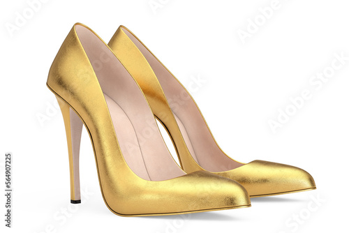 Golden High Heels Wooman Shooes. 3d Rendering