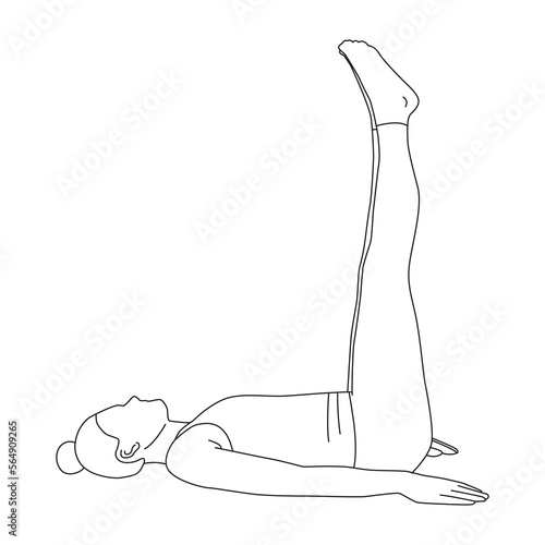 Line art of woman doing Yoga in half plough pose vector. Girl lying on the floor and lifting two legs up in the air.