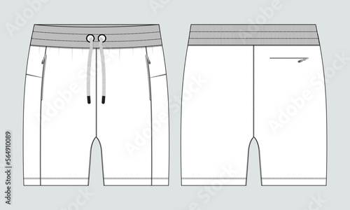Sweat Shorts pant Technical drawing fashion flat sketch vector Illustration template front and back views.