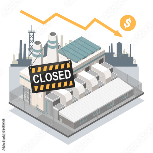 Factory Stop Closed industrial Shutdown loss from crisis currency fluctuations isometric isolated illustration