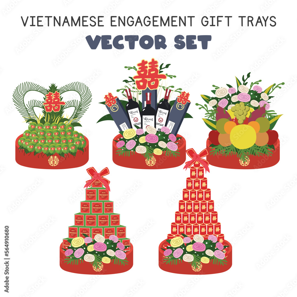 Vietnamese engagement gift trays clipart. Vietnam Groom gifts presented to the bride's family flat vector illustration. Vietnamese traditional wedding ceremony concept. Chinese text 