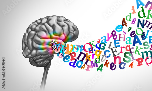 Reading and literacy and education or mental health as a brain with alphabet letters representing learning to read and comprehension as well as the spoken language photo
