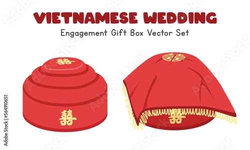 Vietnamese Mam Qua - engagement gift box clipart. Vietnam wedding gifts red cover tins flat vector illustration. Vietnamese traditional wedding ceremony concept. Chinese text means "Double Happiness"