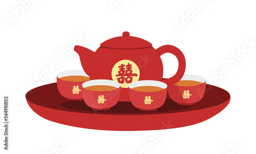 Vietnamese wedding tea set clipart. Wedding red teapot and cups flat vector illustration isolated on white. Vietnamese traditional wedding ceremony concept. Chinese text label means "Double Happiness"