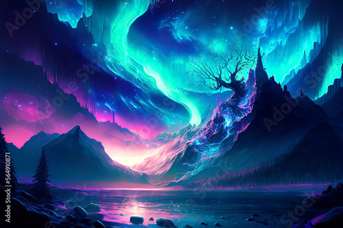 Northern Lights Colorful Fantasy Landscape generative ai illustration, aurora borealis in the sky © BigMindOutfit