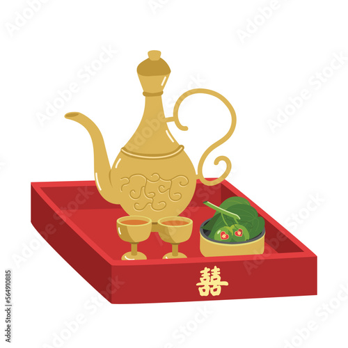 Vietnamese wedding wine and betel areca tray clipart. Wedding gifts to the bride family vector illustration isolated. Vietnamese traditional wedding ceremony concept. Chinese text "Double Happiness"