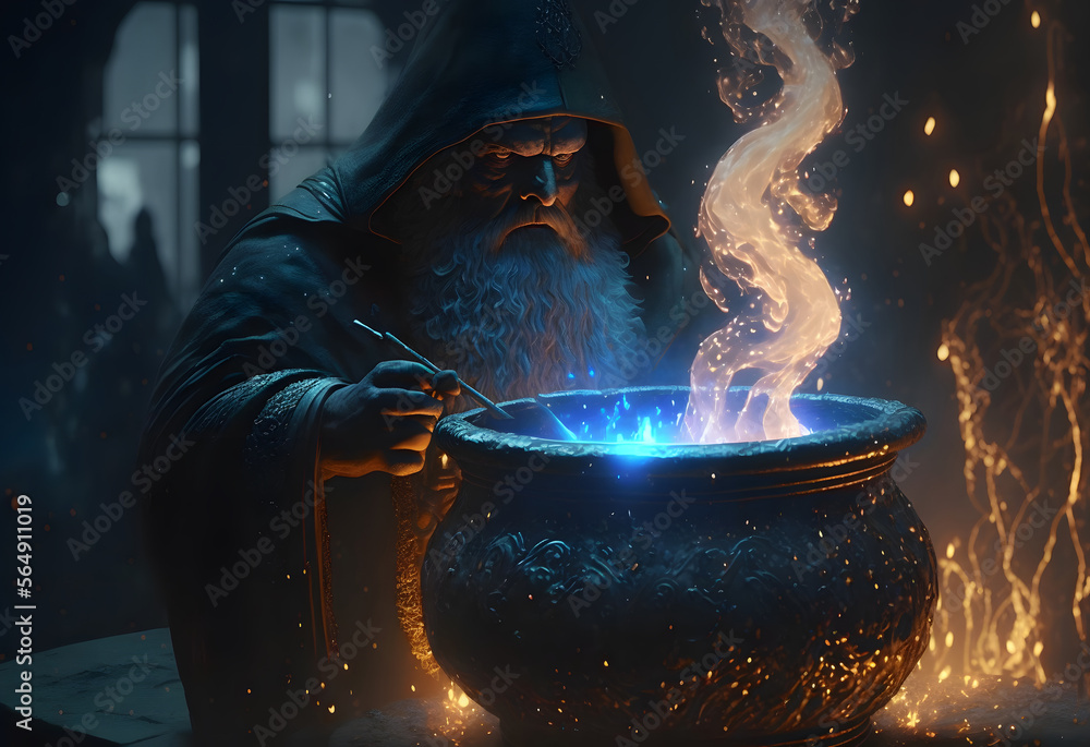 Evil sorcerer wizard is brewing a magical magic potion in a cauldron