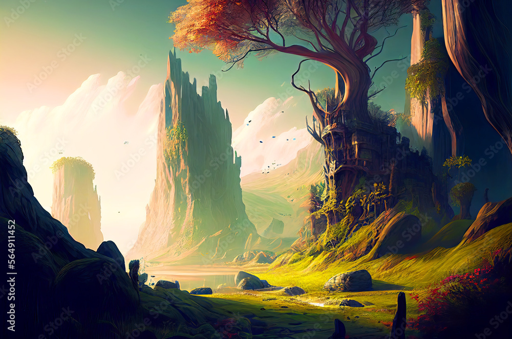 Fototapeta premium Fantasy big tree with mountain in the background, generative ai