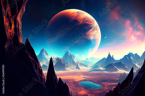 Fantasy Mountains landscape with big planet in the background, night sky, generative ai