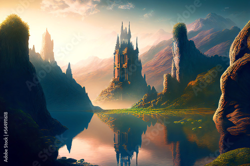 Fantasy castle with mountains in the background, generative ai