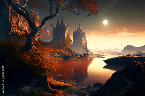 Fantasy Mountains landscape , small lake, moon on the sky, generative ai