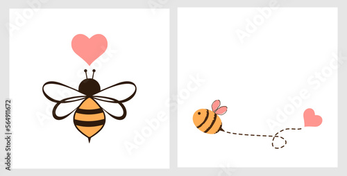 Bee cartoons and heart line isolated on white background vector illustration.