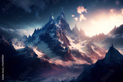 Mountains landscape with sunset, generative ai