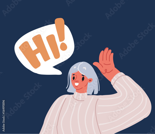 Cartoon vector illustration of young woman doing greet pose and say hi in speech bubble