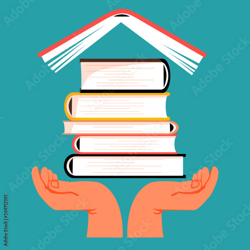 Hands and stack of books.    Literature. Pile of textbooks for education. Library concept. Vector illustration