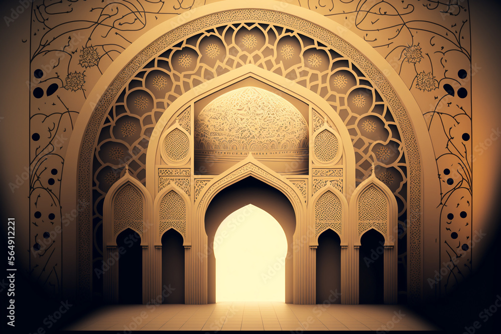 An illustrated mosque with Islamic ornamentation, created by Generative AI.
