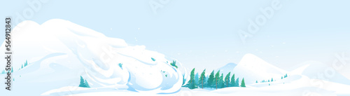 Snow avalanche slides down in high mountain on spruce forest, natural hazard illustration background, danger in mountains concept, dangerous nature phenomenon